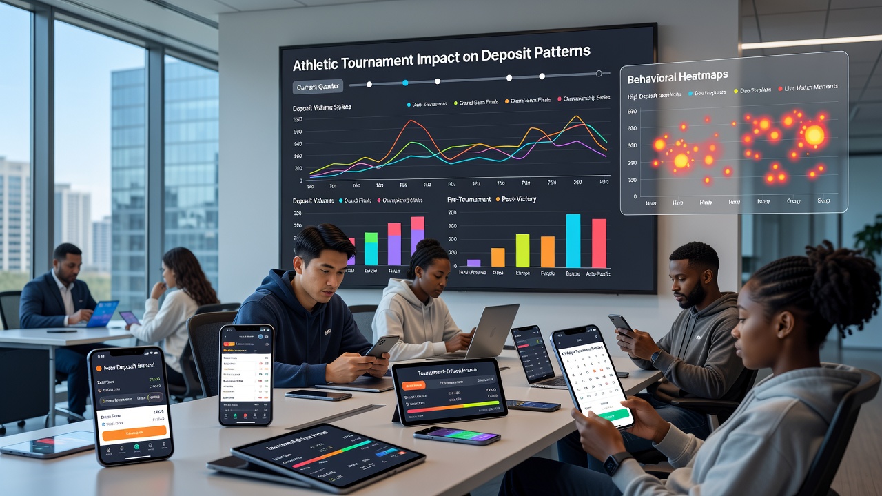 Analytics dashboard displaying deposit volume spikes correlated with athletic tournament dates across global regions
