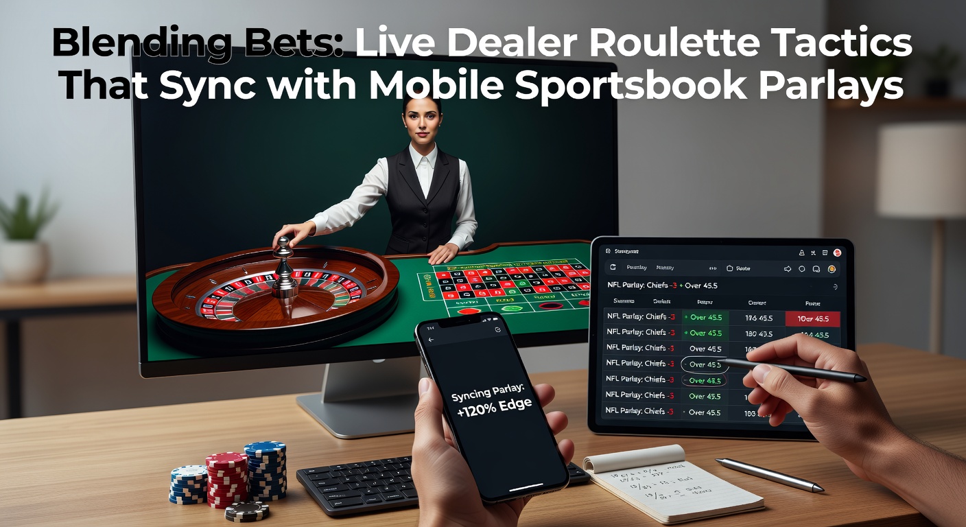 Live dealer spinning roulette wheel on a sleek digital table, with a mobile phone displaying an open sportsbook parlay bet in the foreground