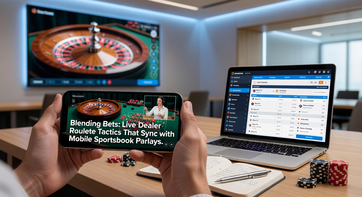 Mobile screen split between a live roulette wheel spin and a vibrant sportsbook parlay ticket showing multiple synced legs