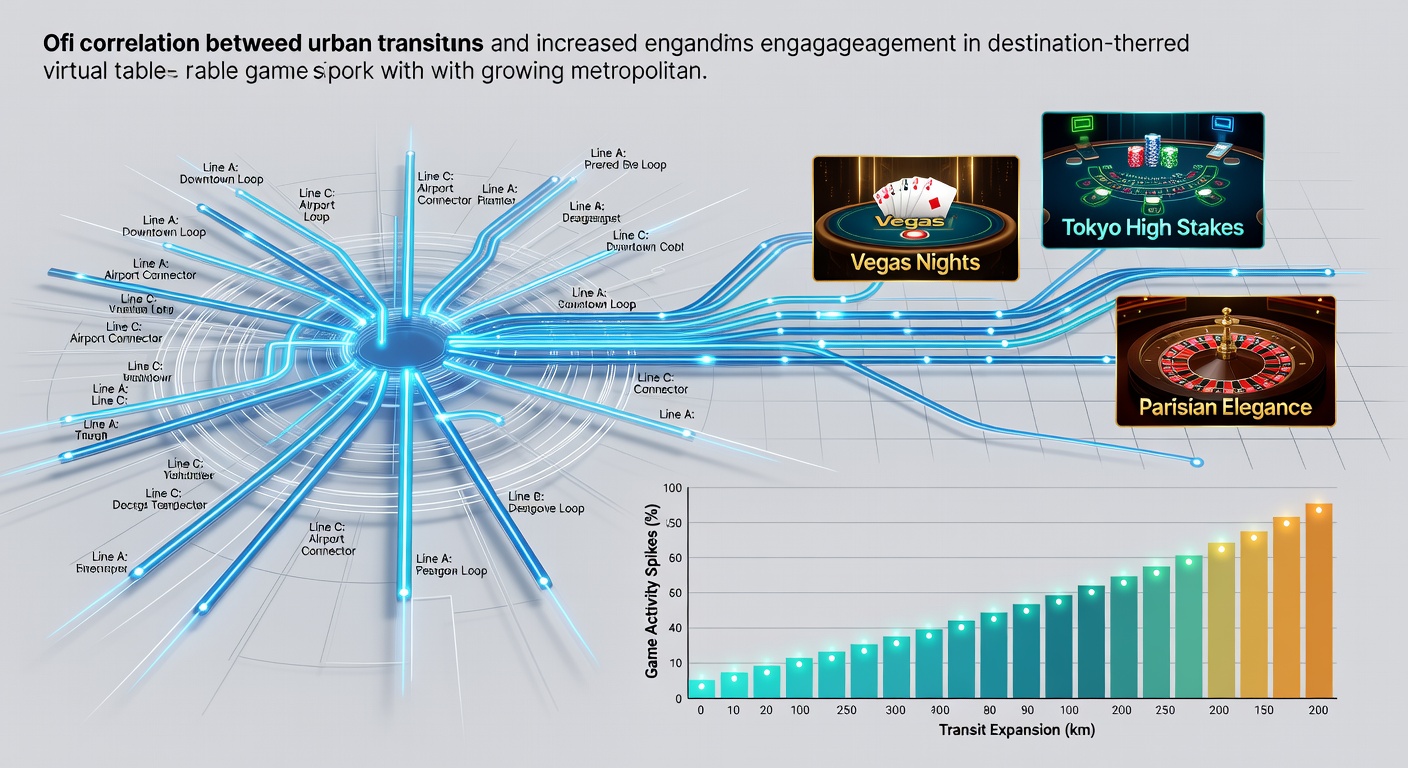 Map of urban transit lines intersecting with data visualizations of virtual table game engagement in growing cities