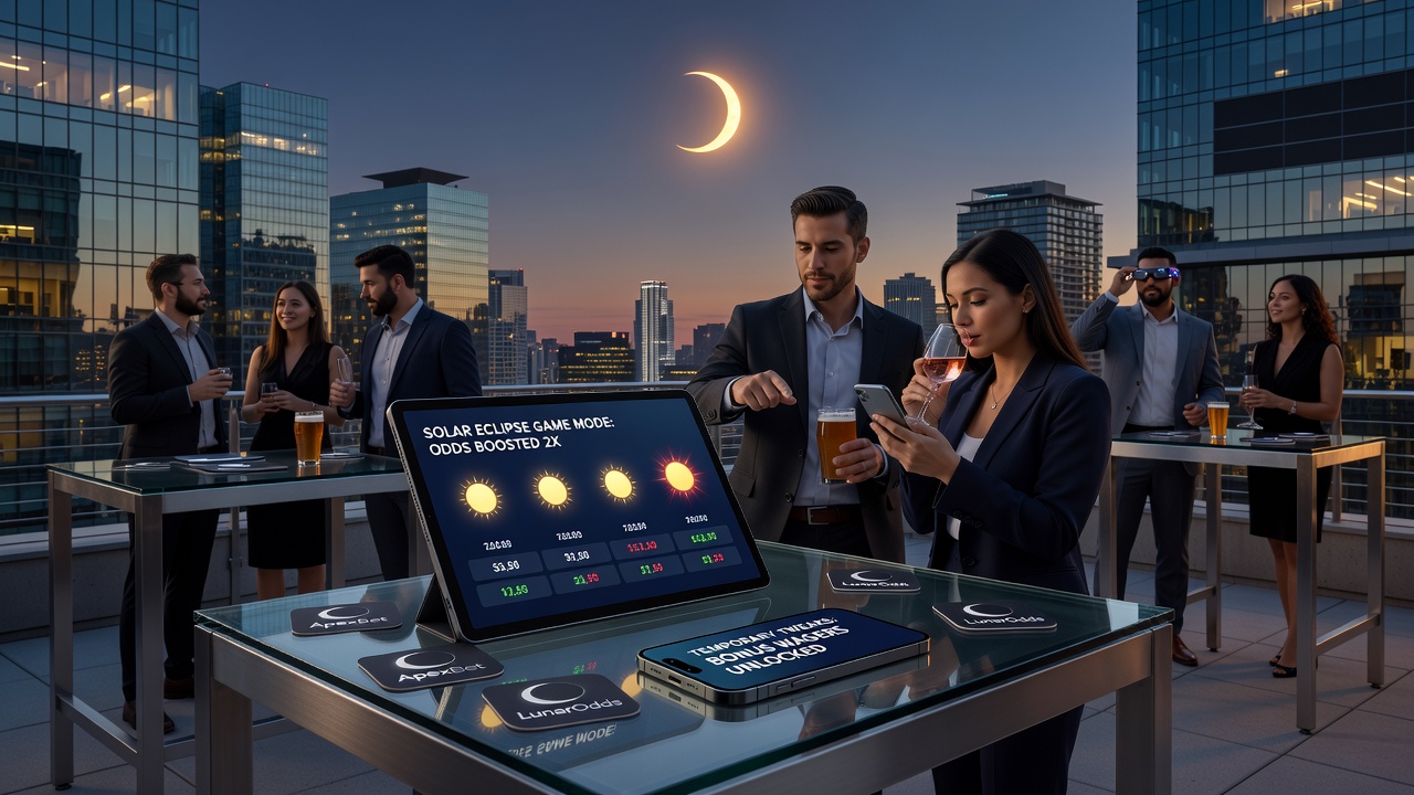 Crowds gathered at an outdoor eclipse viewing event with digital devices showing betting apps in the foreground
