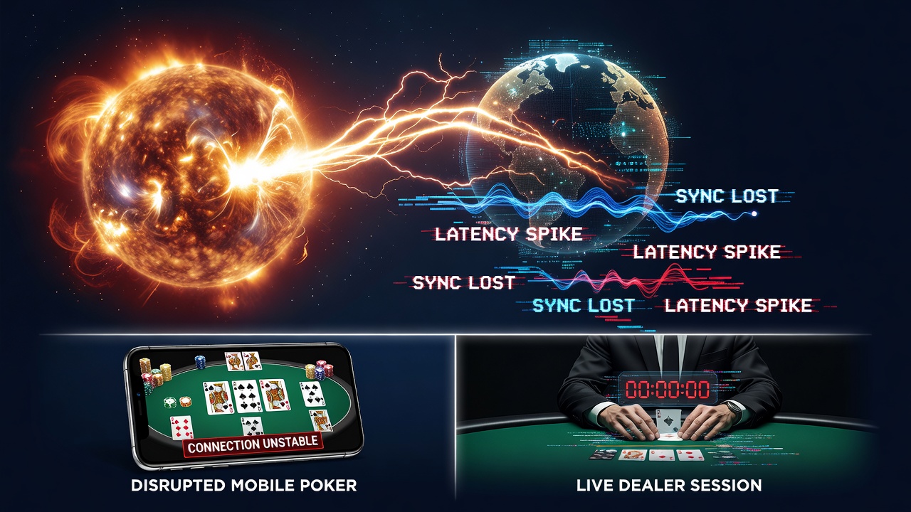 Solar flare visualization affecting global communication networks during a poker tournament scenario