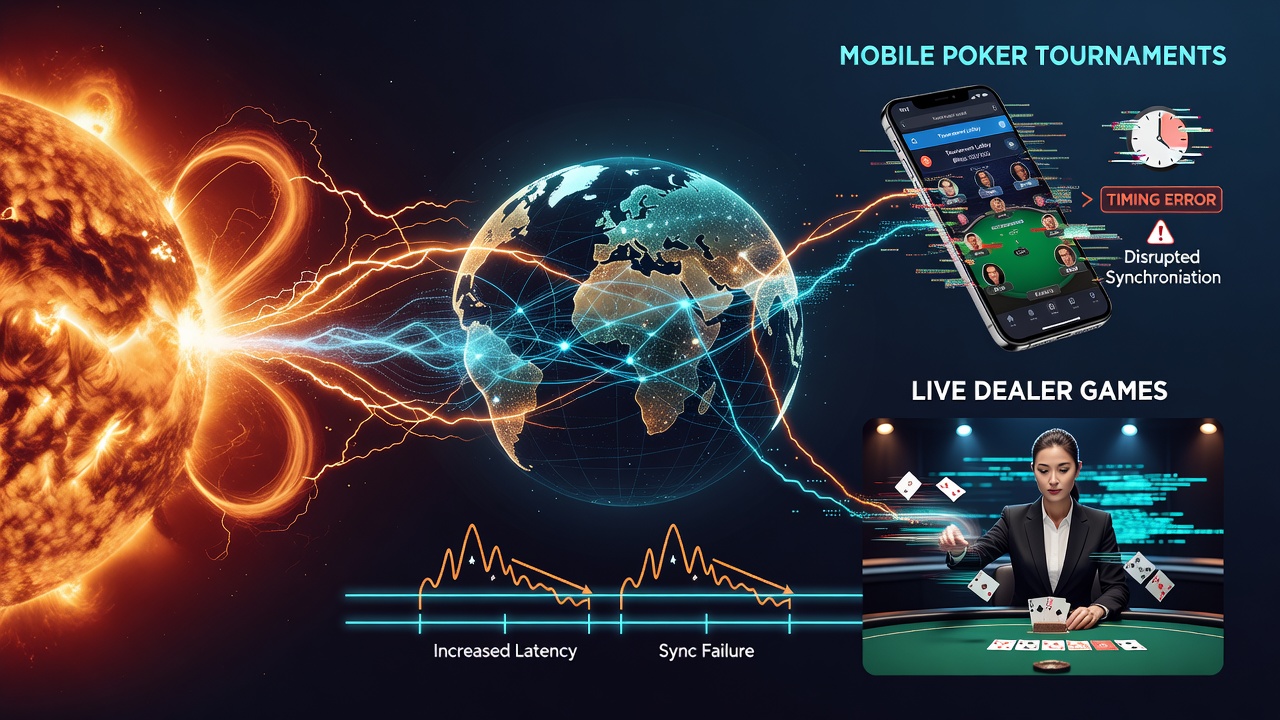 Live dealer studio monitoring equipment showing timing synchronization alerts during solar activity