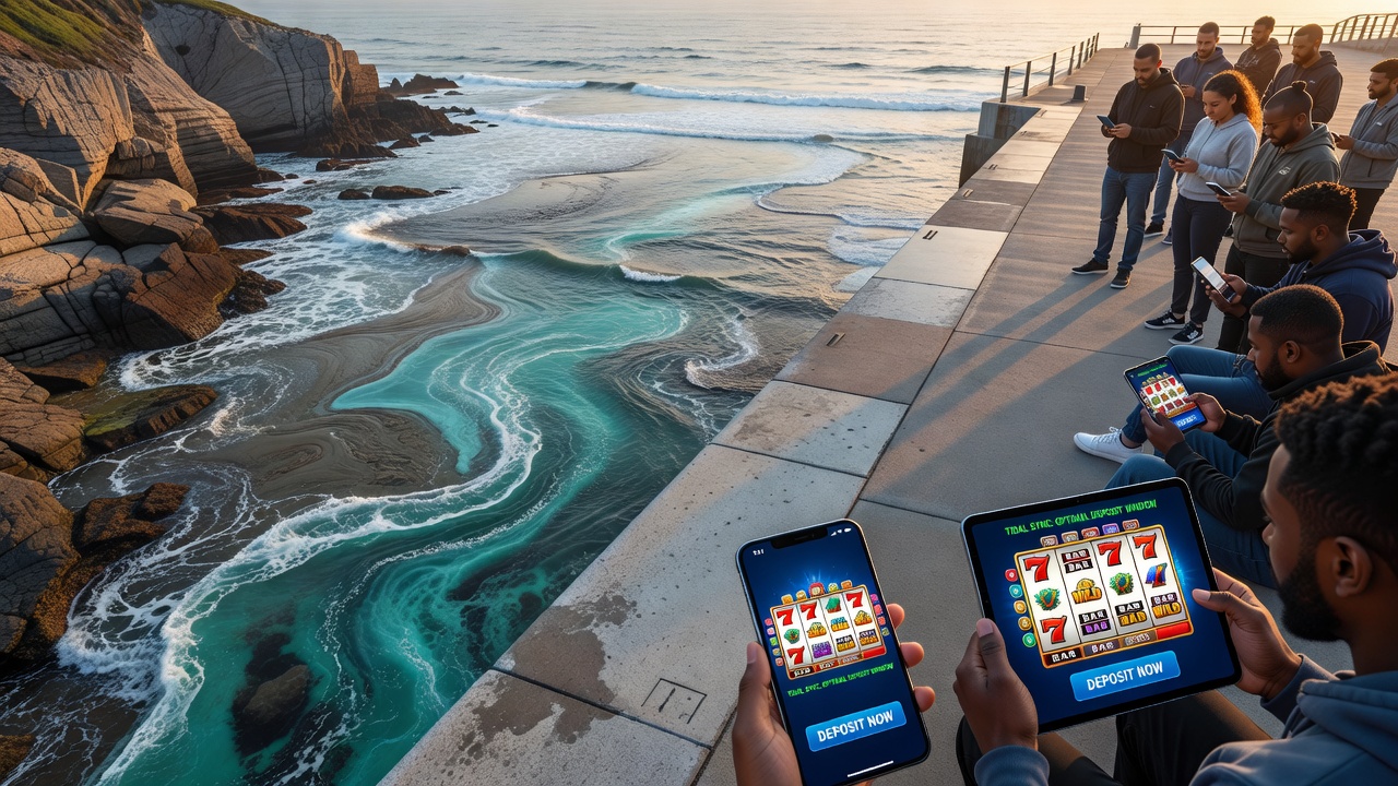 Coastal zone tidal charts overlaid with mobile device usage patterns for digital reel enthusiasts