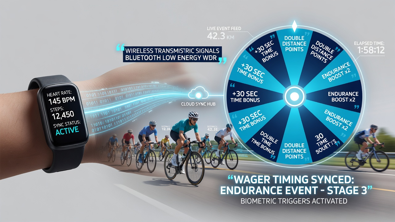 Athlete checking wearable device while participating in a digital wheel game session at an endurance race checkpoint