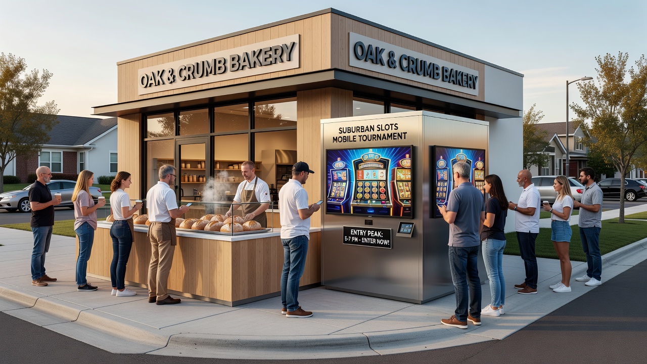 Mobile slot tournament interface displayed alongside suburban neighborhood map highlighting bakery locations and entry timing data