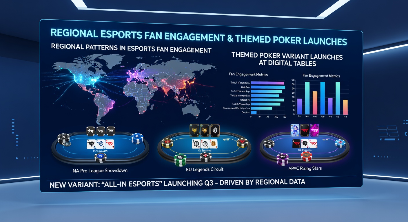 Digital poker interface displaying a themed variant with esports-inspired character cards and regional tournament overlays