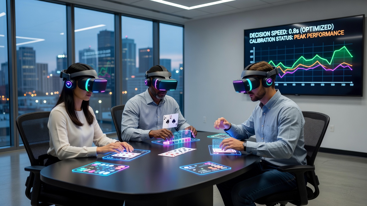 Virtual reality headset calibration interface displayed alongside a simulated poker table during evening peak hours