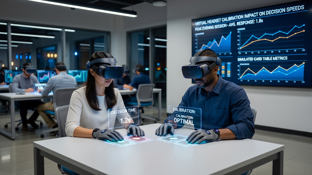 Player wearing a calibrated virtual headset engaged at a digital card table with multiple opponents during busy evening play